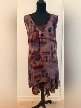 Pretty Angel 2-Piece Silk Blend Ruffled Cami Tank Dress with Sheer Overlay M